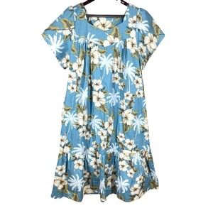 Ali'i Fashions Hawaii Ruffle Dress Sz L Blue 100% Cotton Tropical Hibiscus Midi